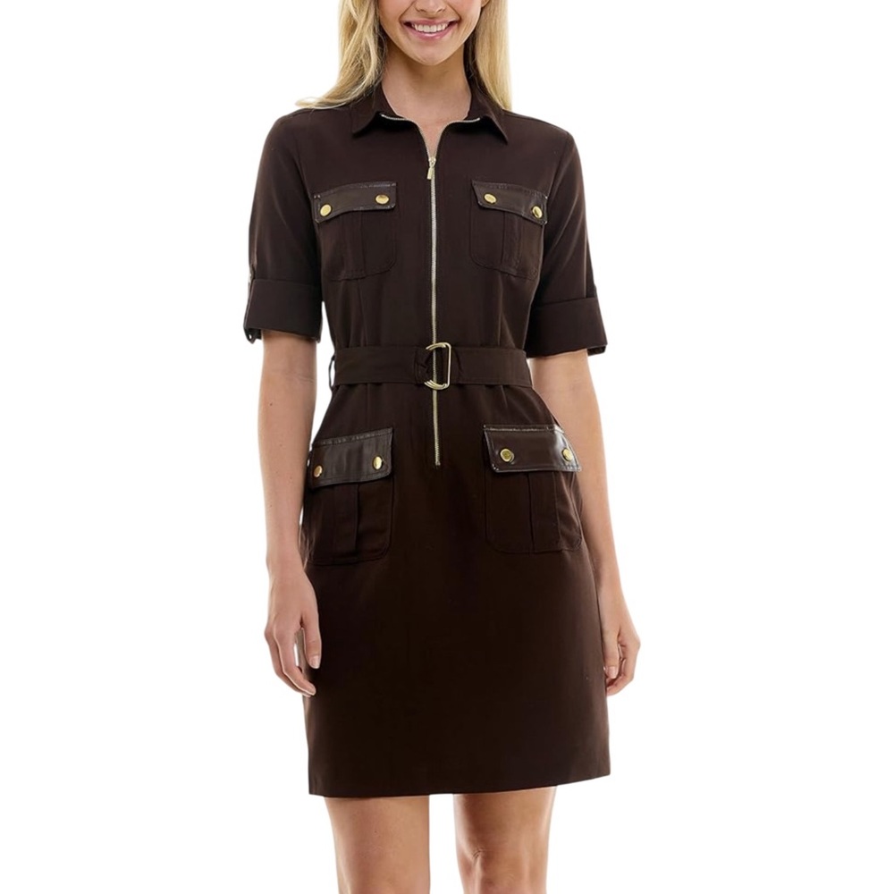 New! SHARAGANO Casual Short Sleeve Espresso Front Zip Dress  Size 14 - Picture 8 of 16